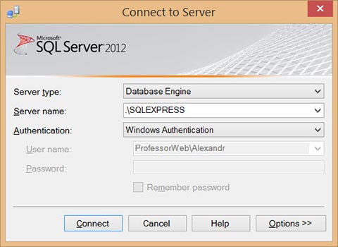 Диалоговое окно Connect to Server