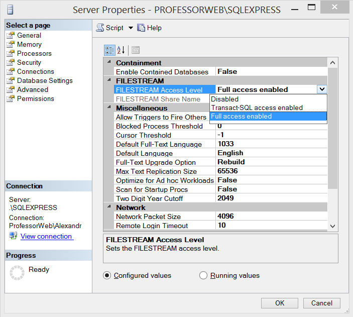 Диалоговое окно Server Properties с уровнем доступа FILESTREAM, установленным в Full Access Enabled